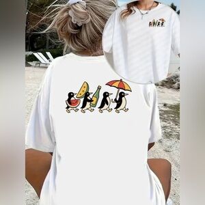 White T-Shirt with Party Penguin Graphic